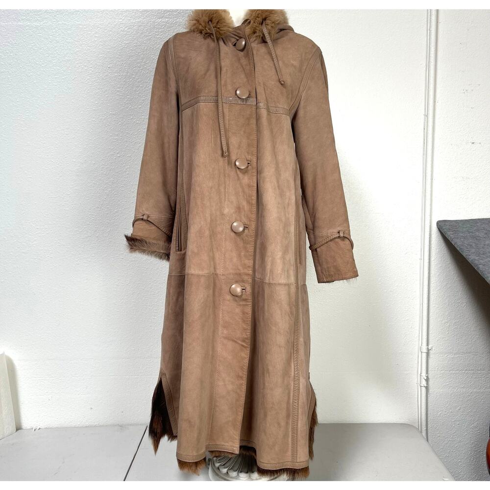 Vintage Assima Women's Authentic Brown Suede Fur Lined Hooded Long Coat Jacket